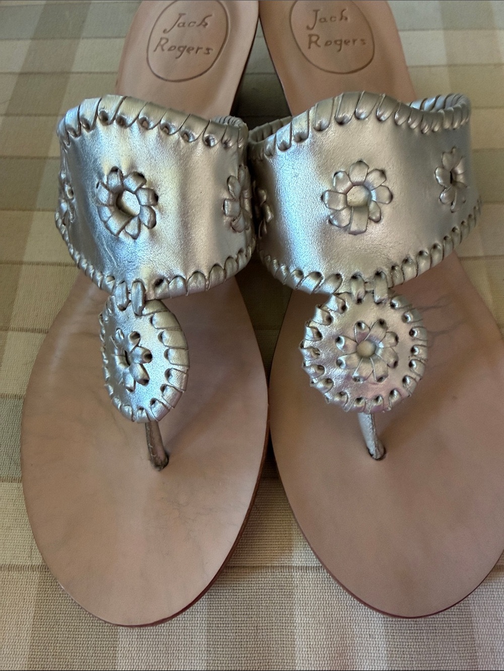 Jack Rogers muted gold Metallic Leather Thong Sandals with Signature Medallion